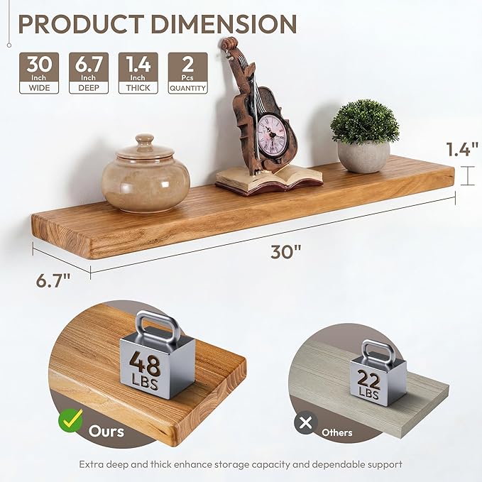 Marsmiles 30 inch Floating Shelves for Wall Solid Elm Wood Shelves|Rustic Wall Mounted Shelves with Heavy-Duty Invisible Bracket for Bathroom Living Room Kitchen|Rounded Edge Design|Natural, 2 Pack