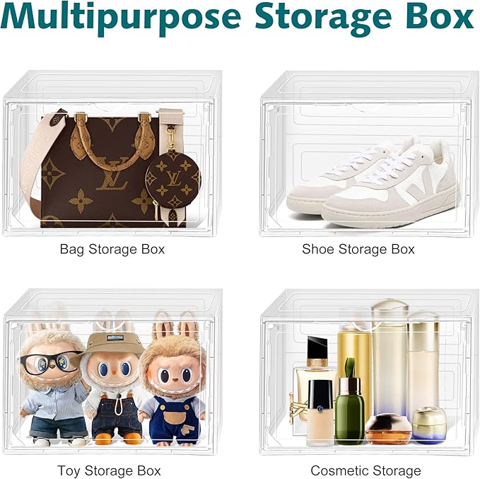 6 Pack Shoe Cases for Sneakers Transparent Shoe Storage Box Hat Display Case Stackable Storage Bins for Closet with Magnetic Door, Size 12