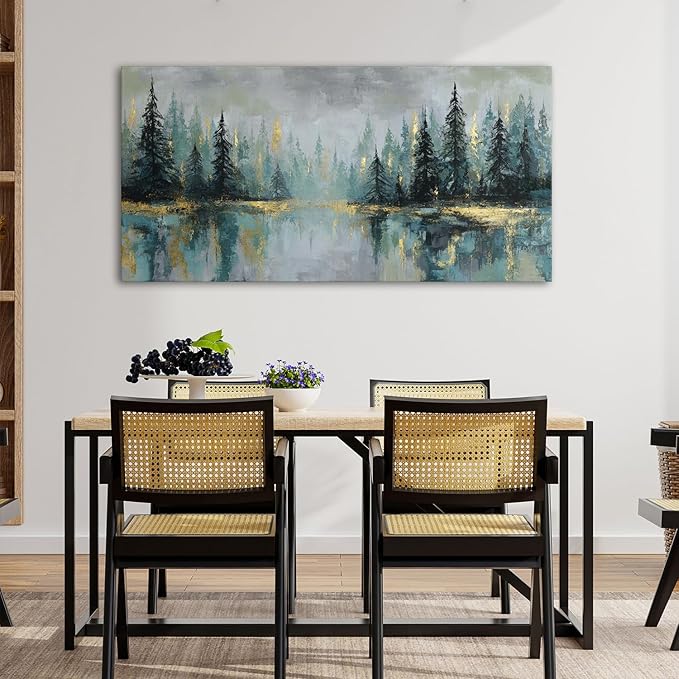 Green Forest Wall Art Vintage Fog Pine Trees Landscape Wall Decor Nature Green and Gold Forest Lake Scenery Canvas Prints Pictures Farmhouse Artwork for Kitchen Living Room Home Decorations 35x70"