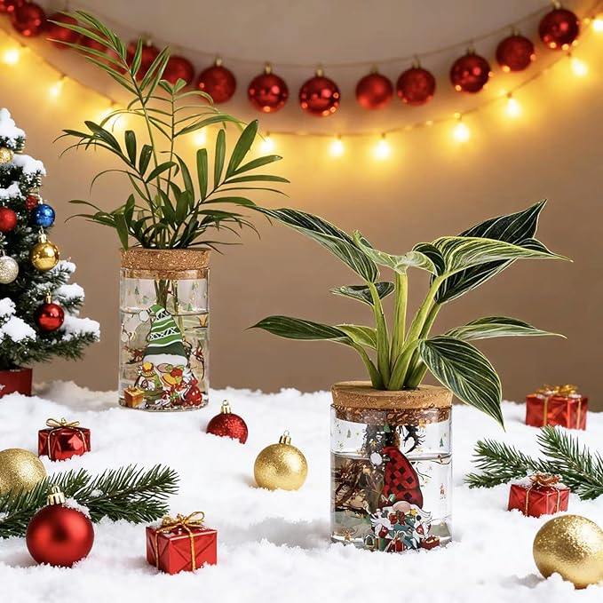 Christmas Vases, 2 Sizes Propagation Jars with Christmas Decorations Patterns, Desktop Glass Hydroponic Planter for Plant Cuttings, for Plant Lovers (6)