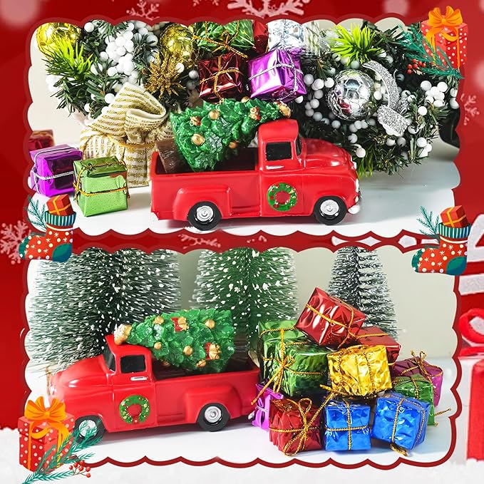 Rileryan Christmas Village Vintage Red Truck Decor Figurines for Mini Christmas Village Town Accessories Pieces Cars Vehicles Sets Decorations Home Indoor Decor Gift