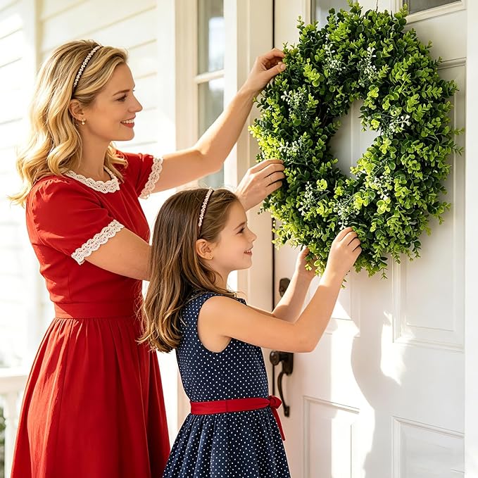 Large Boxwood Wreath for Front Door, 28" Artificial Spring and Summer Greenery Wreathwith White Flower Buds, All-Season Home Decor for Walls, Windows, Parties, Weddings, Indoor Outdoor