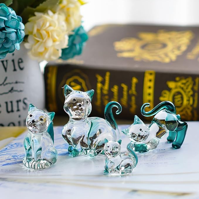 HDCRYSTALGIFTS 2'' Blown Glass Cat Figurines Collectibles Pack of 4 Emerald Green Crystal Kitty Animal Statue Kitten Sculpture for Home Decor Gift for Cat Lovers