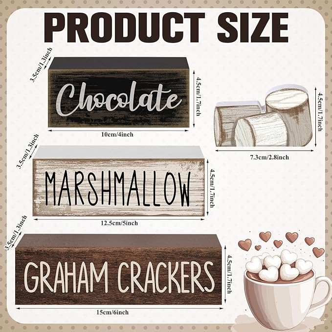 Moucuny 4 Pcs Christmas Table Decoration Wooden Marshmallow Chocolate Christmas Tiered Tray Decor Xmas Centerpiece Decorative Hot Cocoa Marshmallow Block Signs Gift Winter Decoration for Home Kitchen