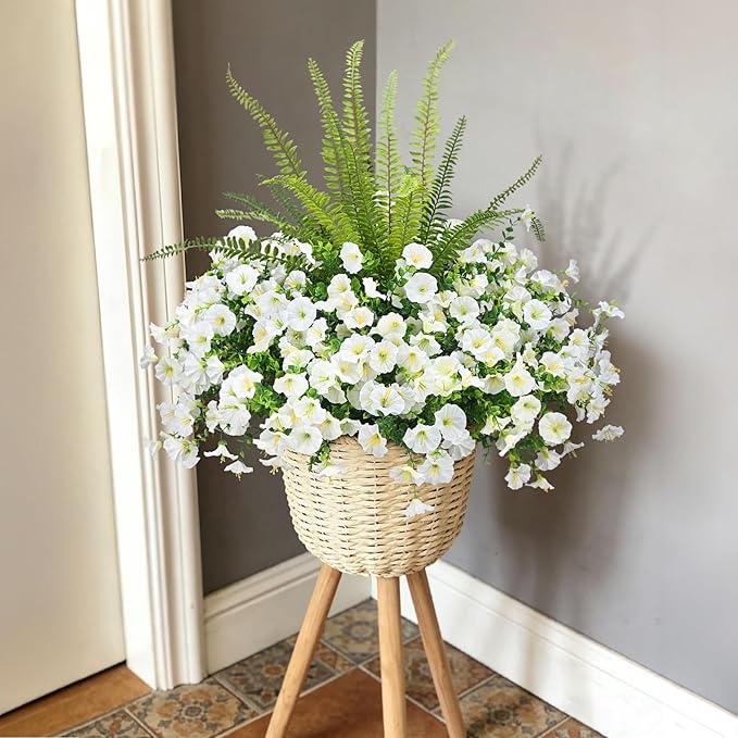 Artificial Flowers for Outdoors Faux Plants Outside Indoor,UV Resistant Silk Fake Petunia Tall Ferns for Home Patio Garden Back Yard Front Poch Decor Spring Summer(13 Bunchs,White)