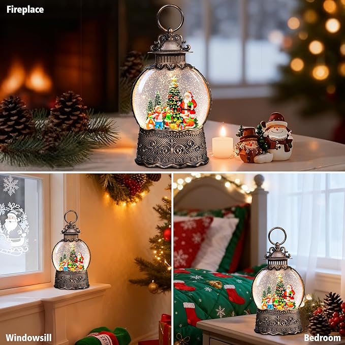 Christmas Snow Globes Lantern with Music, Santa Claus Scene Snow Globes with Swirling Glitter Effects, USB/Battery Powered with 6-Hour Timer, Christmas Decorations