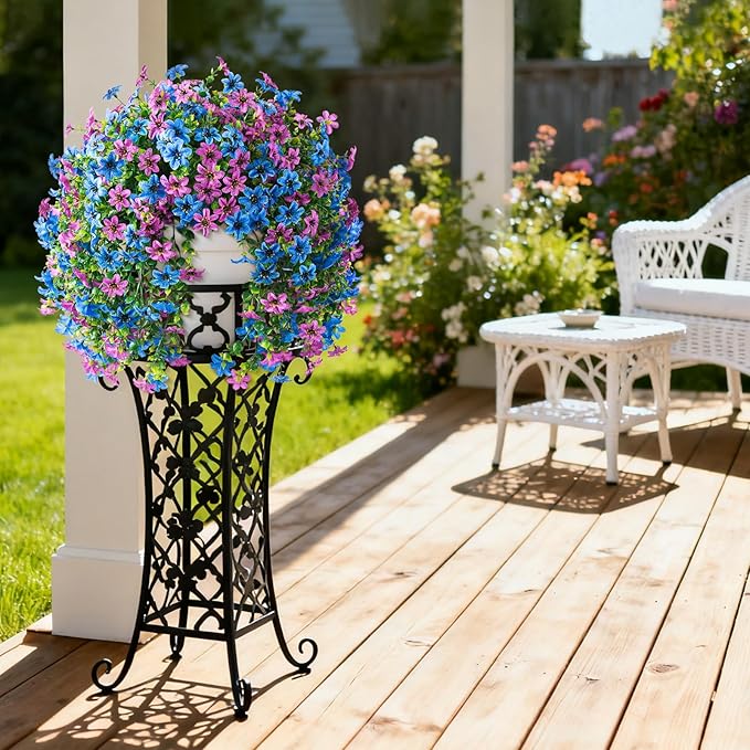 Artificial Fake Hanging Flowers Plants for Outdoor Spring Decoration, 2 PCS Faux Silk Daisy Flower UV Resistant Look Real for Outside Patio Porch Garden Balcony Yard Home Summer Decor(Perple Blue)