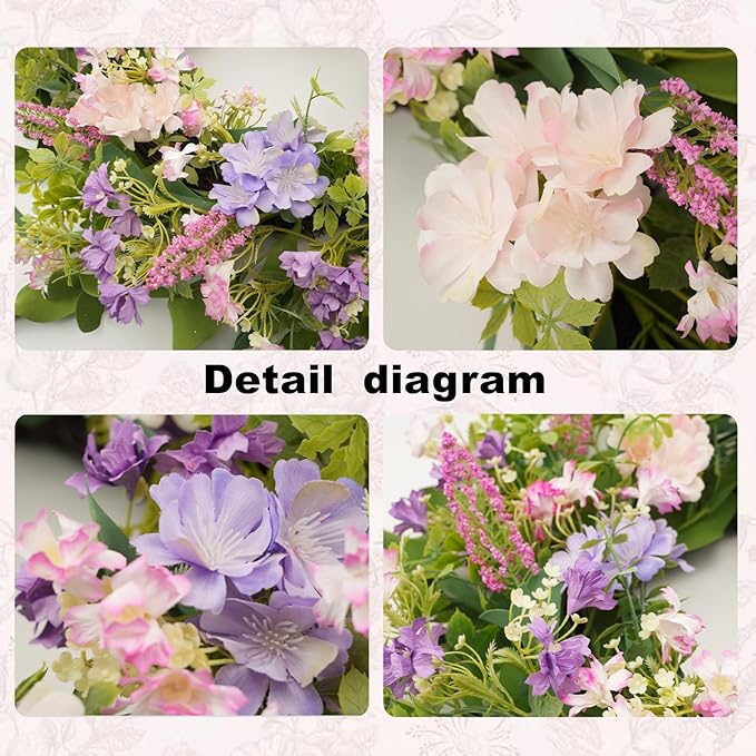 24 Inch Spring Summer Wreaths for Front Door, Purple Pink Hydrangea Wreath with Wildflowers Purple Forsythia, Artificial Silk Floral Wreath Farmhouse Rustic Decor for Outdoor Wall Window Home