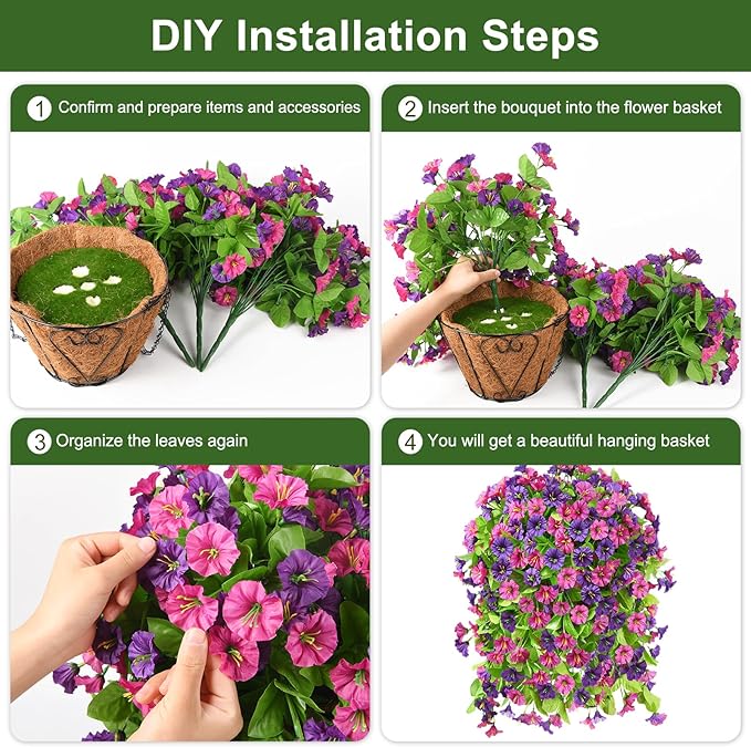 Homsunny Artificial Faux Hanging Flowers Plants Baskets for Outdoor Spring Summer Decorations,Resistant Fake Morning Glory Silk Plants for Outside UV Resistant Patio Yard Home Porch Decor(Mix Purple)