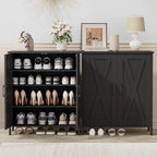 Farmhouse Shoe Cabinet with 2 Barn Doors & Wood Legs, 5-Tier Shoe Storage Cabinet with 3 Adjustable Shelves, Tall Shoe Rack Organizer for Closet, Shoe Organizer for Entryway, Hallway, Black