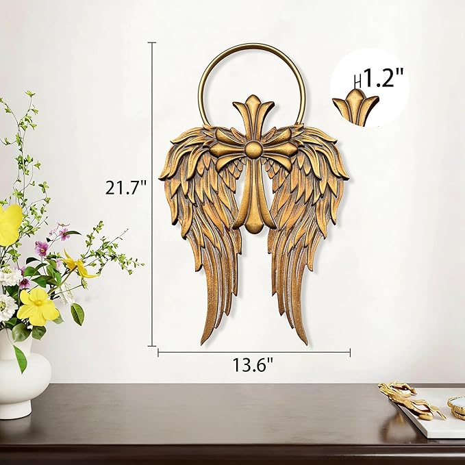 Sintosin Vintage Gold Angel Wings Wall Decor Small 14 X 22 Inch, Hanging Antique Religious Christian Cross Wall Art with Metal Halo, Decorative Wood Sculptures Home Decor for Hallway Living Room