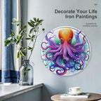Wall Picture, with Colorful Octopus Printed Circular Iron Hanging Picture,Wall Art Decor,Home for Bedroom Living Room Bathroom Decor,Iron Painting 11.8X11.8 in