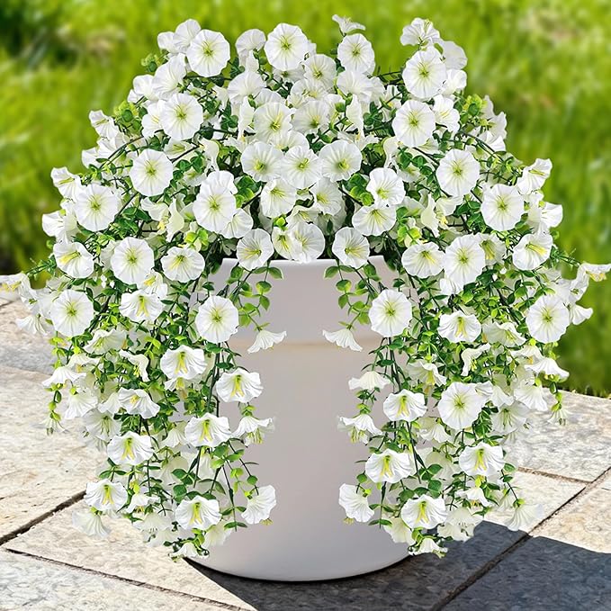 Artificial Hanging Flowers for Outdoors, 2 PCS UV Resistant Faux Silk 150 Morning Glory Each Trailing Vines, Fake Plants for Spring Outdoor Garden Planter Porch Patio Decoration, White
