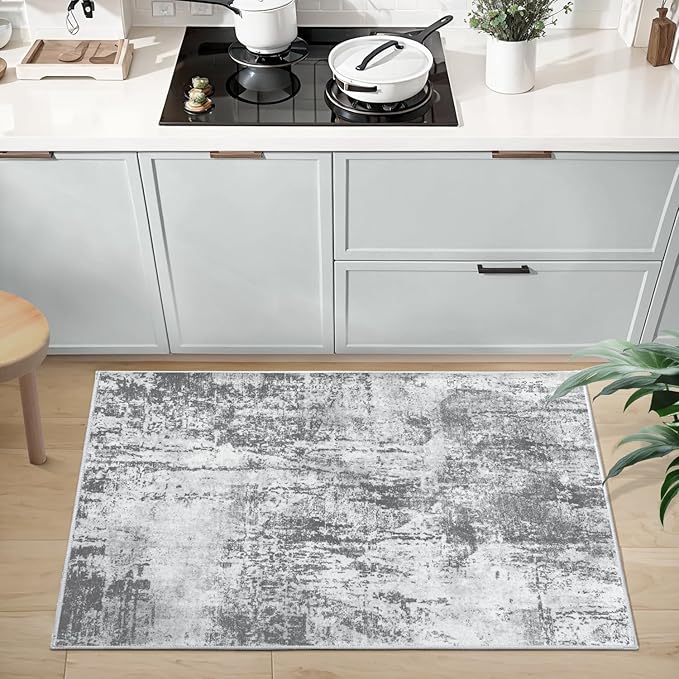 Ciicool Modern Abstract Area Rug 2x3 Washable Small Entryway Rugs, Non-Slip Low Pile Throw Rug Mat, Foldable Thin Kitchen Bathroom Rug, Grey Floor Carpet for Entrance Living Room Indoor Doormat