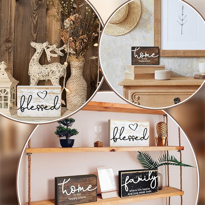 Jetec 3 Pcs Wooden Family Sign Rustic Blessed Home Wall Art Wood Wall Mini Decor Farmhouse Table Shelve Decoration Sign for Bedroom Kitchen Living Room Table Decor (Rustic Color,4.25 x 2.76 x 0.59 in)