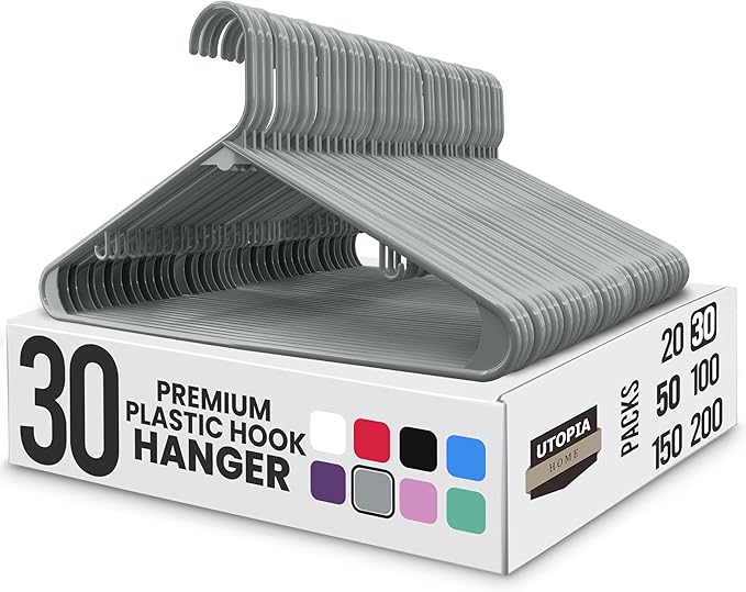 Utopia Home Plastic Hangers 30 Pack - Clothes Hanger with Hooks - Durable & Space Saving (Grey)