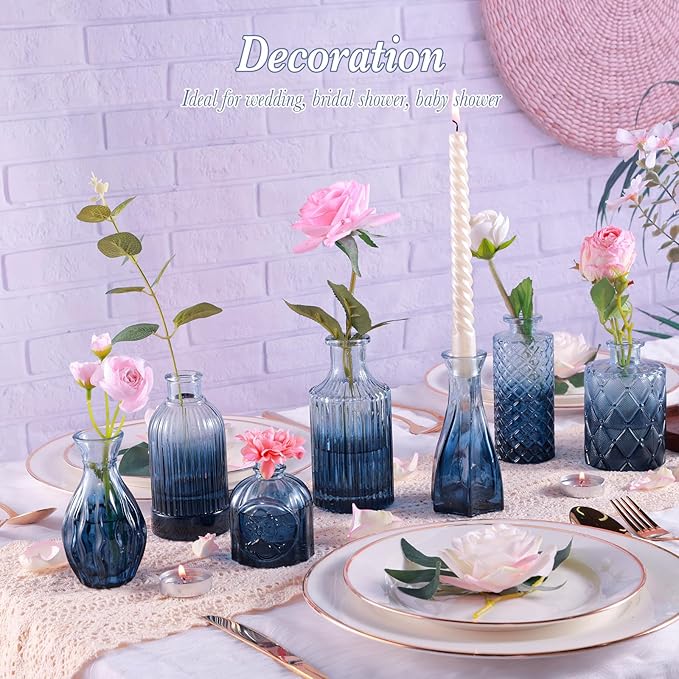 Glass Blue Bud Vases Set of 12, Mini Flower Vase for Centerpieces, Small Glass Vases in Bulk for Bridal Shower Decorations, Vintage Vase for Wedding, Party, Graduation, Home Table Décor