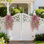 Homsunny Artificial Hanging Flowers for Outdoor, 2PCS Fake Flowers Faux Silk Daisy with Eucalyptus Leaves, UV Resistant Aritificial Flowers for Spring Home Patio Yard Porch Decor (Light Purple Red)