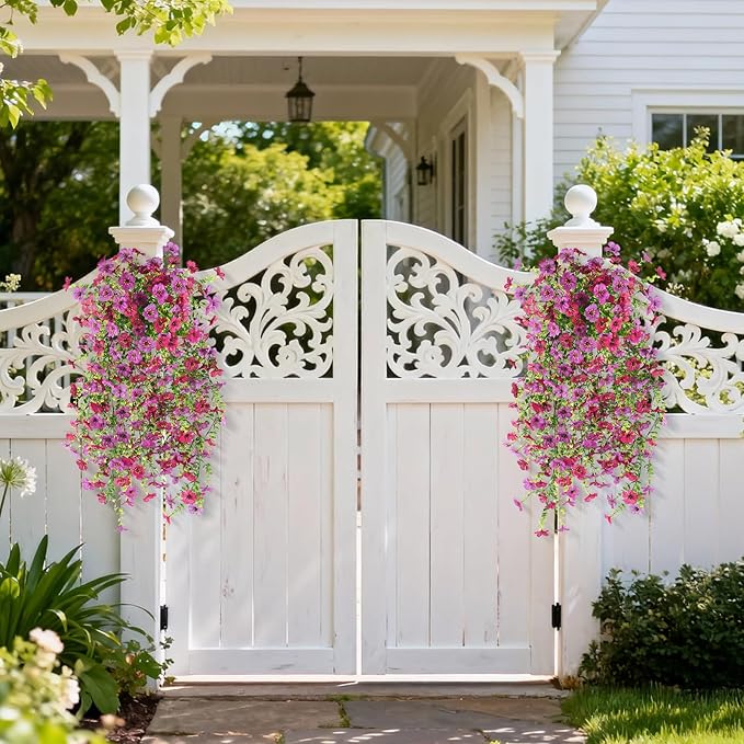 Homsunny Artificial Hanging Flowers for Outdoor, 2PCS Fake Flowers Faux Silk Daisy with Eucalyptus Leaves, UV Resistant Aritificial Flowers for Spring Home Patio Yard Porch Decor (Light Purple Red)