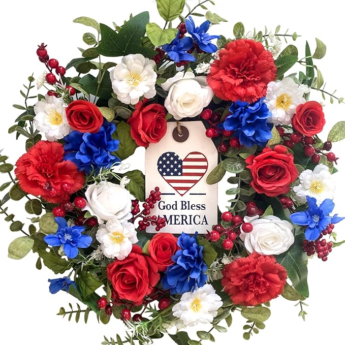 Idyllic 20Inch 4th of July, Patriotic, Independence Day Wreath for Front Door, Red White and Blue Flower Memorial Day, Independence Day Wreath for Front Door Wall Window Decor