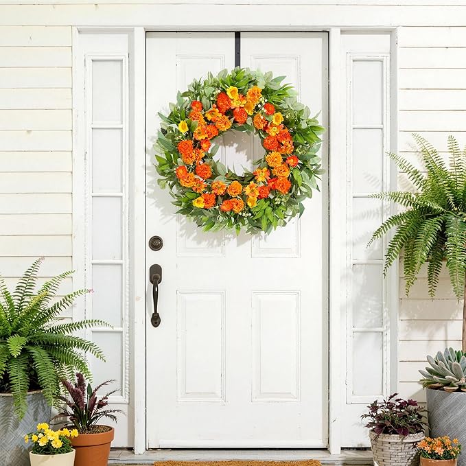 24 Inch Summer Wreaths for Front Door with Carnations, Daisies and Eucalyptus - Artificial Spring Summer Front Door Wreath for Farmhouse, Porch, Window, Wedding, Celebration, Indoor Outdoor Home Decor