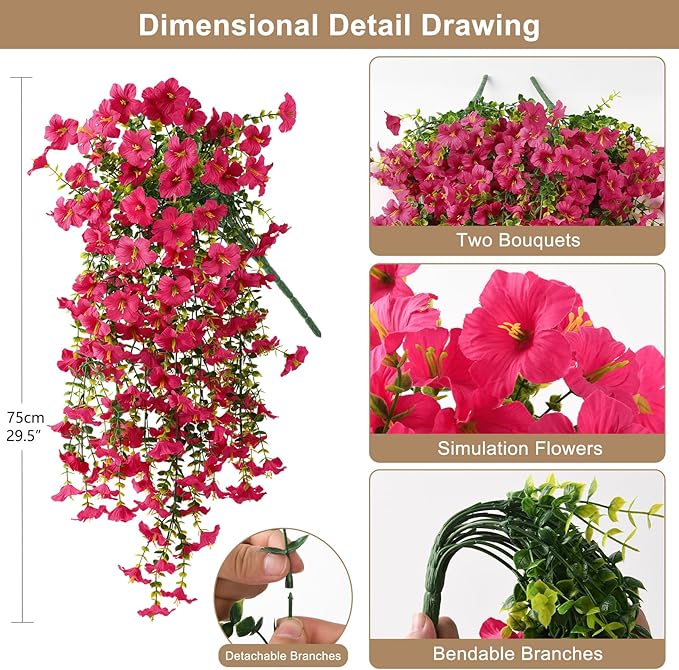 Artificial Hanging Flowers Plants for Outdoor Spring Summer Decoration, 2PCS Faux Silk Morning Glory UV Resistant Look Real for Outside Home Indoor Planter Porch Garden Yard Decor(Rose Red)