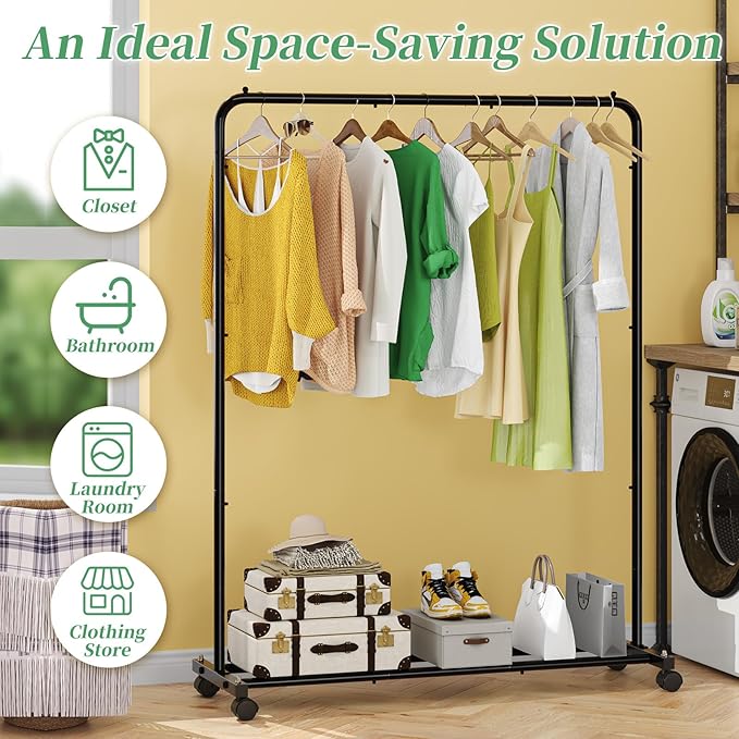 Simple Trending Standard Clothes Clothing Garment Rack with Storage Shelves, Rolling Clothes Organizer on Wheels for Hanging Clothes, Black