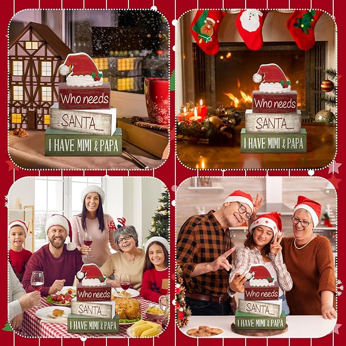Lineshading 4 Pcs Christmas Table Decorations Wooden Red Santa Hat Christmas Tiered Tray Decor Rustic Wood Santa Hat Block Sign Xmas Centerpiece Mimi and Papa's Gift Decor for Home Shelf Kitchen