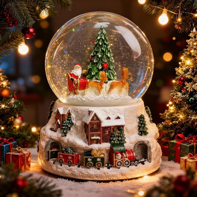 Christmas Snow Globe with LED Light Musical Snowflakes Holiday Decoration Gift, 5.9 Inch Santa Claus and Christmas Tree Water Globe.