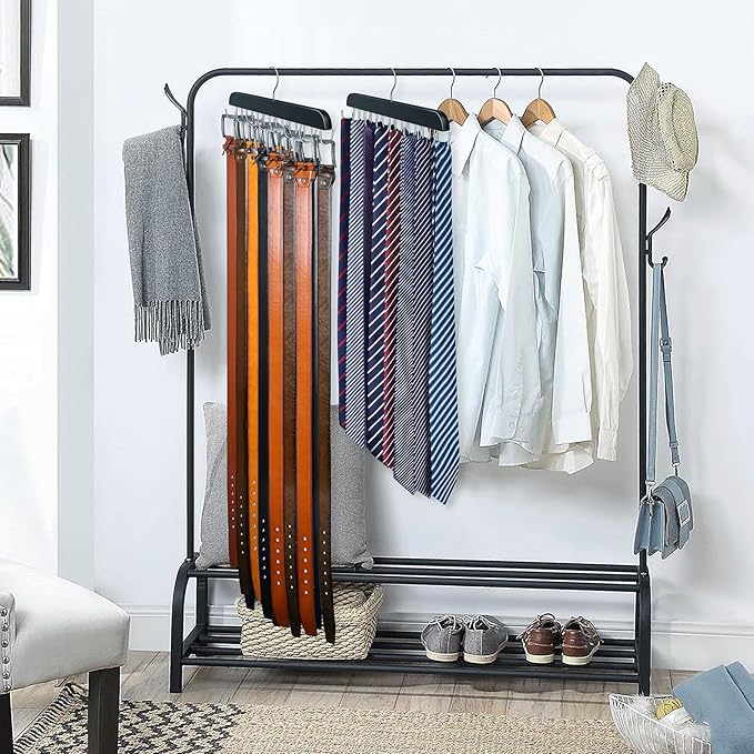 Belt Hanger for Closet, Sturdy Wood Belt Rack Closet Accessories with 14 Hooks Belt Organizer for Closet Organizers and Storage Max 42 Belts-Black 2 Pack