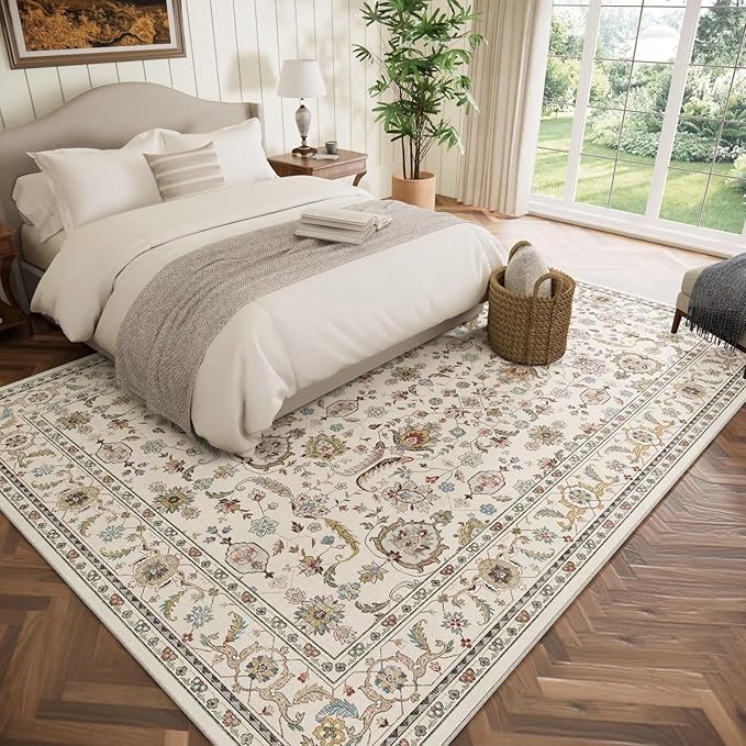 Washable 8x10 Area Rugs for Living Room, Boho Non-Slip Vintage Distress Large Rugs for Bedroom Dining Room Nursery Office, 0.3" Neutral Oriental Throw Thin Carpet, Beige/Rust/Green/Multi