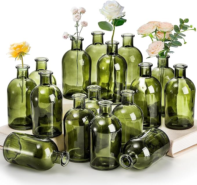 YOUEON 16 Pack Green Glass Bud Vases, Small Bud Vases in Bulk, Glass Flower Vases for Centerpieces, Vintage Decorative Bottle Vases for Flowers, Home Decor, Wedding Reception, Office