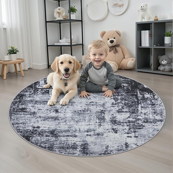 Round Area Rug for Living Room: 5 ft Washable Modern Abstract Soft Thin Rug Indoor Floor No Slip Stain Resistant Carpet for Bedroom Dining Room Farmhouse Nursery Home Office - Dark Black
