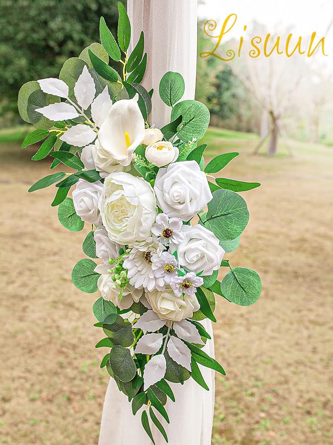 Lisuun Wedding Arch Flowers, Artificial Flowers for Decoration, 2pcs Flower Swag and 1 pcs Semi-Sheer Chiffon Table Runner Swag for Beautiful Dream Wedding Ceremony Floral Decor - Pack of 3