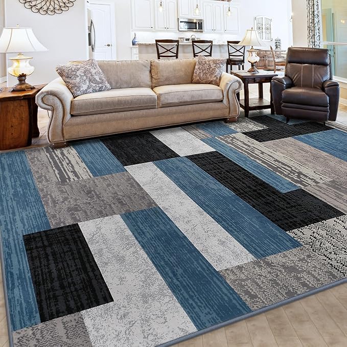 FlyDOIT Modern Geometric Patchwork Area Rug, 9x12 Blue Large Rugs for Living Room, Rockwood Collection Indoor Rugs for Bedroom, Throw Carpet Floor Decor for Entryway Dining Room Office Nursery