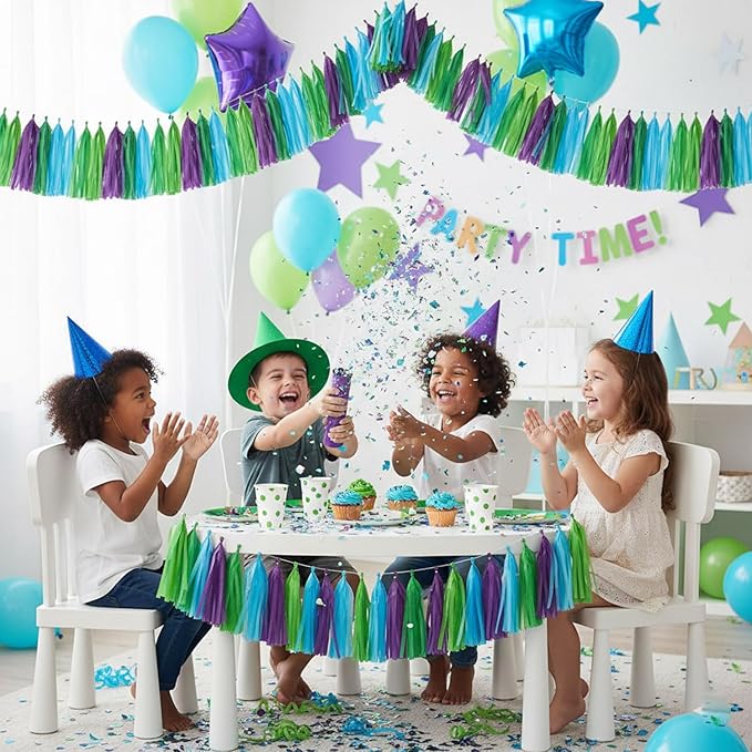 Blue Green and Purple Birthday Decorations,Paper Tissue Tassel Garland Banner for Party Decorations,Pack of 15