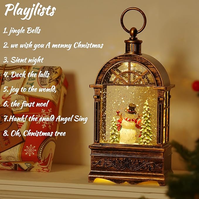 Christmas Snow Globe Lantern Water Glittering Window Snowman Child with Music, USB Lined/Battery Operated Lighted Lantern for Christmas Festival Decoration Gifts