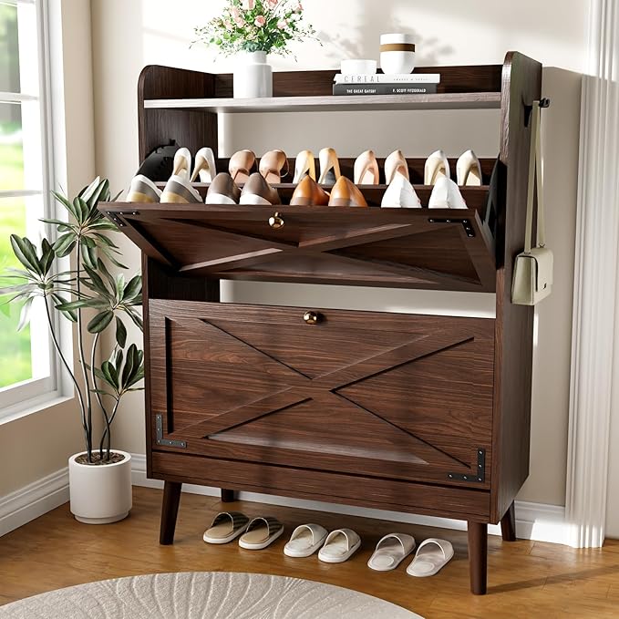 Shoe Storage Cabinet with 2 Flip Drawers, Entryway Shoe Cabinet with 2 Metal Hooks & Adjustable Shelves Freestanding Shoe Organizer Narrow Shoe Rack for Entrance Hallway Foyer Front Door,Rustic Brown