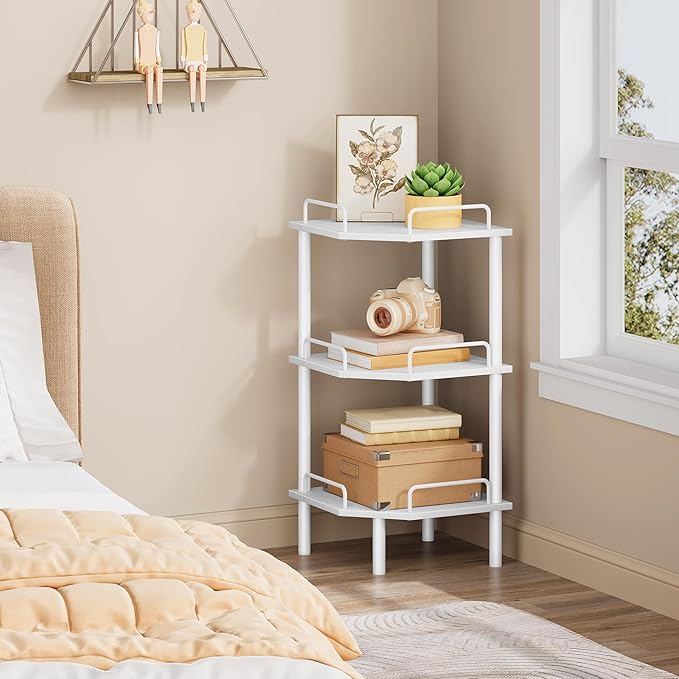 Tajsoon Corner Shelf Stand, 3 Tier Industrial Corner Shelves, Multipurpose Standing Display Shelf, Corner Shelving Unit for Bedroom, Living Room, Office, Kitchen, White