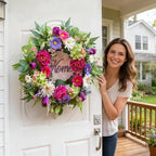 Spring Wreaths for Front Door- 24Inch Summer Wreaths with DIY Wooden Home Sign, Artificial Hydrangea, Peony, Tulip & Gerbera Flowers, Spring and Summer Door Wreaths for Indoor Outdoor Decor