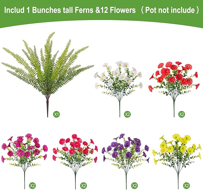 Artificial Flowers for Outdoors Faux Plants Outside Indoor,UV Resistant Silk Fake Petunia Tall Ferns for Home Patio Garden Back Yard Front Poch Decor Spring Summer(13 Bunchs,6 Multi Colors)