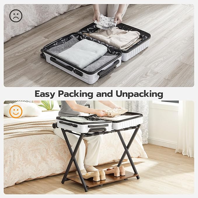 HOOBRO Folding Luggage Rack, Suitcase Stand Holder with Wooden Storage Shelf, Holds up to 110 lb, 27.2 x 15.7 x 24 Inches, for Guest Room, Bedroom, Closet, Hotel, Rustic Brown and Black BF68XL01G1
