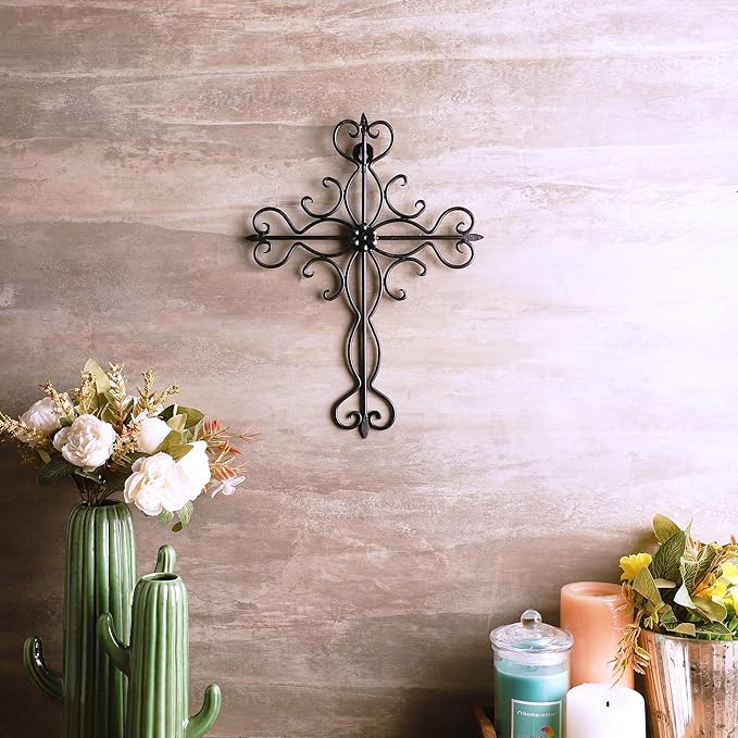 RELY+ Black Matte Wall Cross 14x10 Inch Living Room Décor Outdoor Crucifix Rustic Wall Decor Metal Wall Art Decorative Hanging Iron Wrought Wall Décor crosses for Indoor Home Halloween Decorations