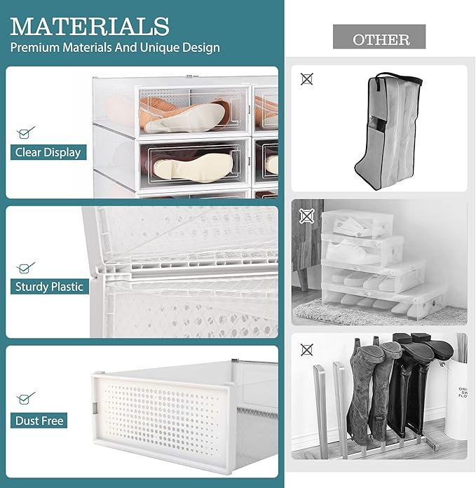 DHMAKER 8 Pack Boot Storage Box, Stackable Clear Plastic Boot Shoe Organizer for Tall Boots, Closet, Drop Front Boot Organizer, Large Shoe Container Boot Storage with Lid, 20.5" x 11.8" x 5.5"