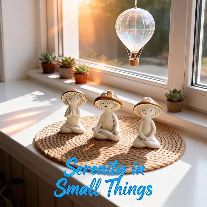 3 Pcs Mushroom Decor Figurines - Meditation Decor Statues for Living Room, Bedroom, Office - Resin Sculptures for Mindfulness Enthusiasts Home Decor Lovers Nature Lovers (White-Brown)