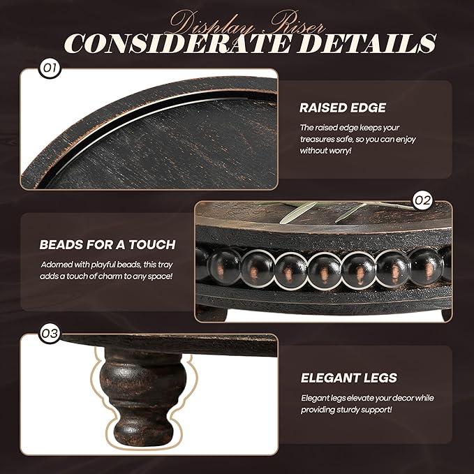EOSAHR Rustic Round Pine Wooden Riser with Beaded for Home Decor - Decorative Tray for Farmhouse Decor Coffee Table - Pedestal Stand for Kitchen Counter Organizer & Cake Stand (Distressed Black)