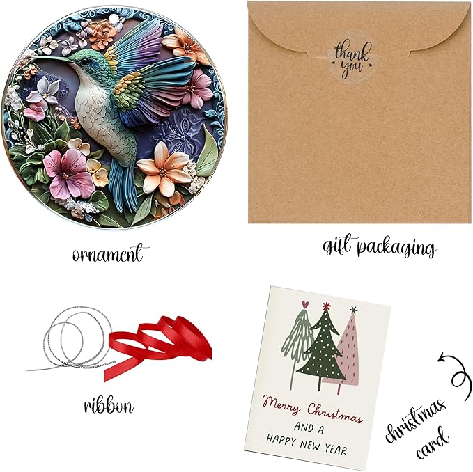 Jabihome Christmas Ornaments 2025, Exchange for Women, Men, Collectible Dated Year Ornaments for Tree, Unique Acrylic Suncatcher, Printed Stained Glass Effect Decor (Floral Hummingbird)