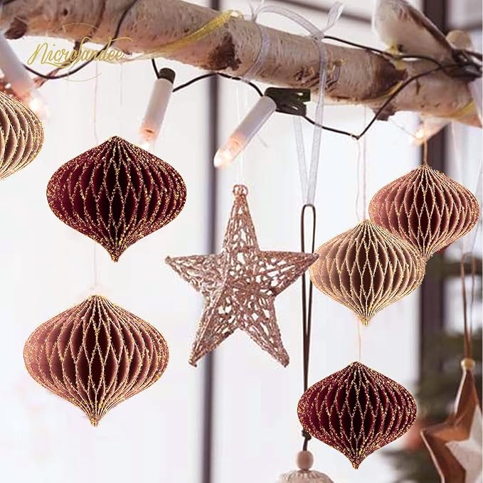 NICROLANDEE Wedding Decorations, 6 PCS Burgundy MIni Glitter Gold Edge Honeycomb Lanterns Ornaments for Christmas Tree Decoration, Xmas New Year Party, Birthday, Burgundy Bachelorette Party Decor