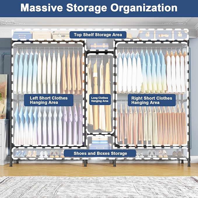 Ulif E12C Max Heavy Duty Closet Organizer System，Freestanding Clothing Rack, Adjustable Garment Rack 83" W x 16" D x 76.5" H Holds 1060 lbs, Black Clothing Rack with Black Dustproof Cover