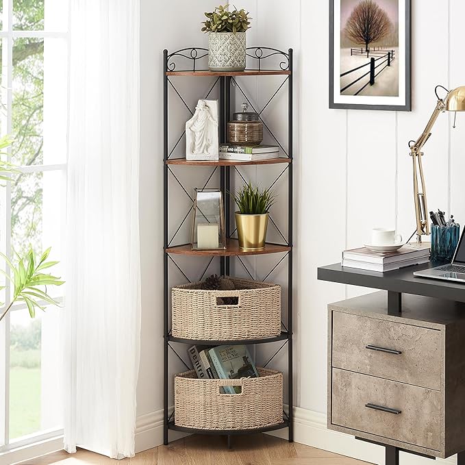 VECELO 5 Tier Corner Shelf with 2 Woven Basket, 55" Tall Standing Organizer, Rustic Brown Storage Rack, Narrow Bookshelf Display Shelves Rack for Wall Corner, Living Room, Kitchen, Bedroom, Office